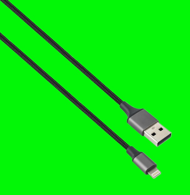 con cable USB y conector Lightning en un fondo verde