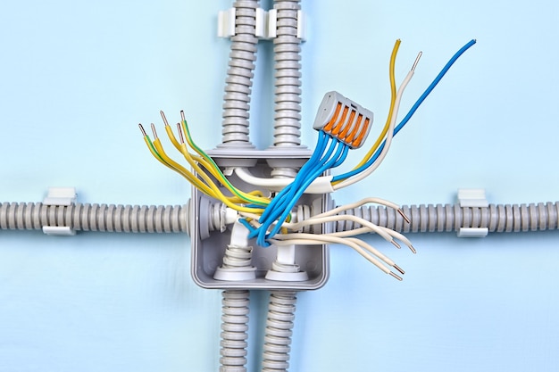 El electricista está fabricando una nueva caja de conexiones para cables  eléctricos con la ayuda de conectores de cables de empuje.