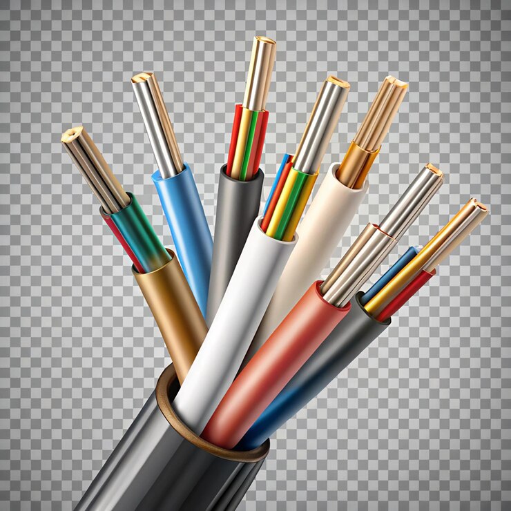 Cables y cables eléctricos aislados sobre un fondo transparente