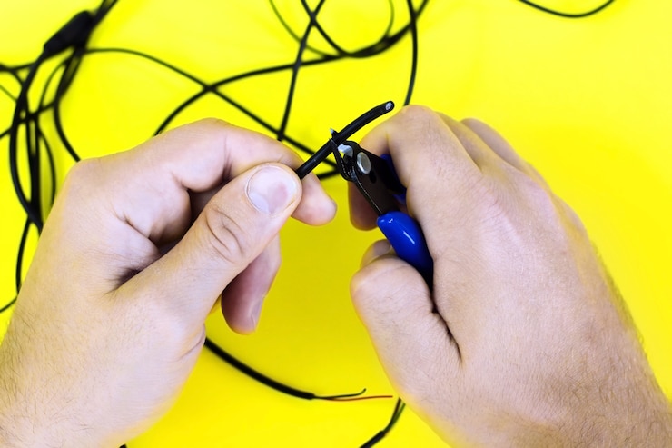 Foto cables del cargador enredados. hombre bocadillos pinzas cables enredados negros