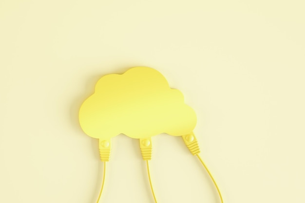 Cables creativos conectados al cerebro humano amarillo sobre fondo claro Neurociencia y concepto de investigación cerebral Representación 3D