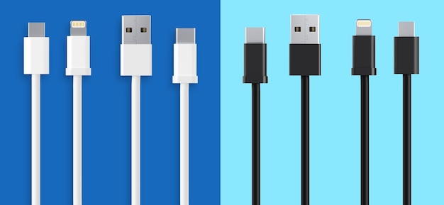 Foto cables de datos usb tipo a, y enchufes tipo c, micro usb y lightning conector universal para teléfono de computadora