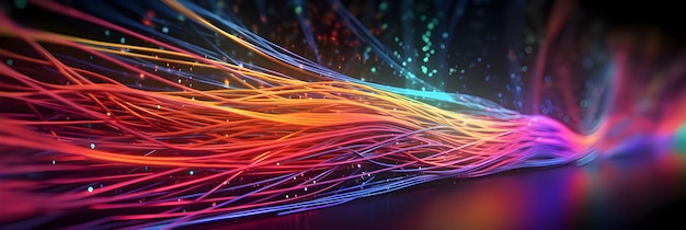 Cables eléctricos de colores y fondo de colores intensos de fibra óptica led para imagen tecnológica y nuevas tendencias comerciales creadas con tecnología de IA generativa