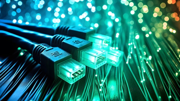 Los cables se encuentran sobre la fibra óptica con un agradable brillo verde.