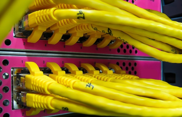 Los cables Ethernet RJ45 están conectados al conmutador de Internet