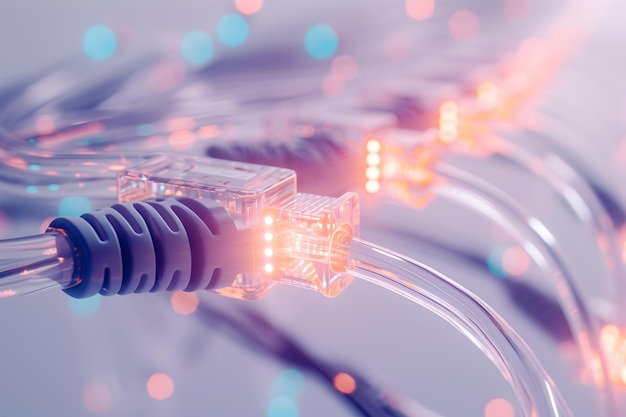 Cables Ethernet vibrantes con luces brillantes concepto de transmisión de datos de alta velocidad conexión digital tema tecnología de fondo IA