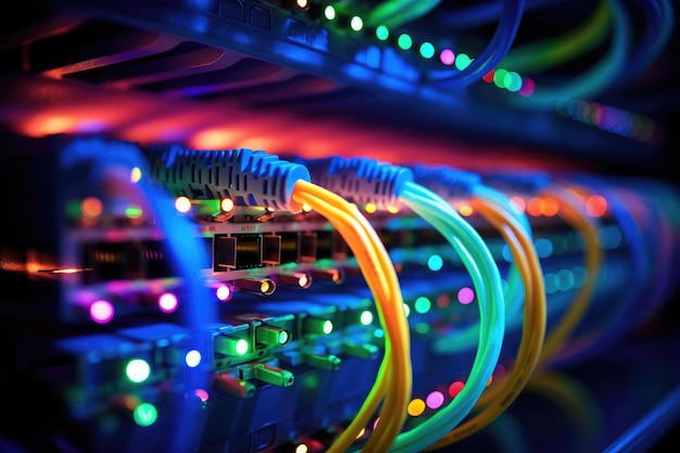 Cables de fibra óptica conectados a un puerto óptico en un centro de datos, primer plano de cables de red conectados a una central de Internet, profundidad de campo poco profunda generada por Ai