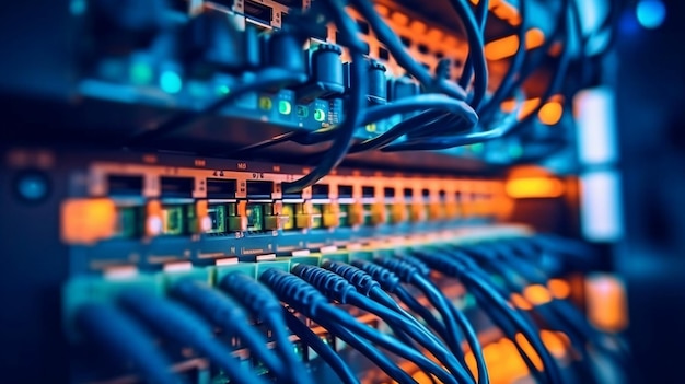 Cables de fibra óptica, un conmutador y otro hardware de tecnología de telecomunicaciones en una sala de servidores del centro de datos Tráfico Generativo AI y red