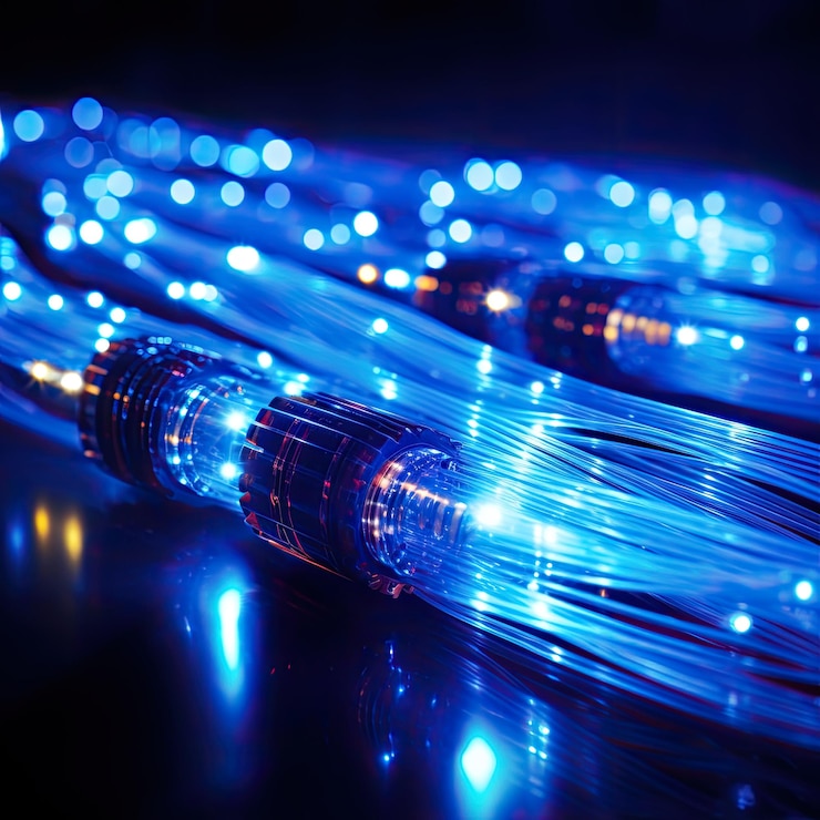 Foto cables de fibra óptica con luz azul