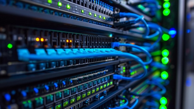 cables de fibra óptica en una sala de servidores para el centro de datos
