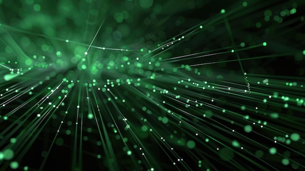 Cables de fibra óptica verdes brillantes que transmiten datos en un fondo oscuro