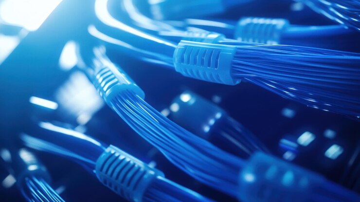 Foto cables de red azules de cerca