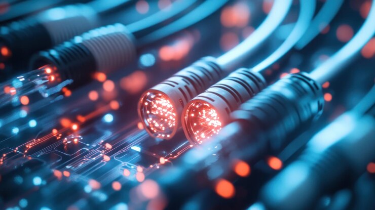 Foto cables de red con luces rojas y azules