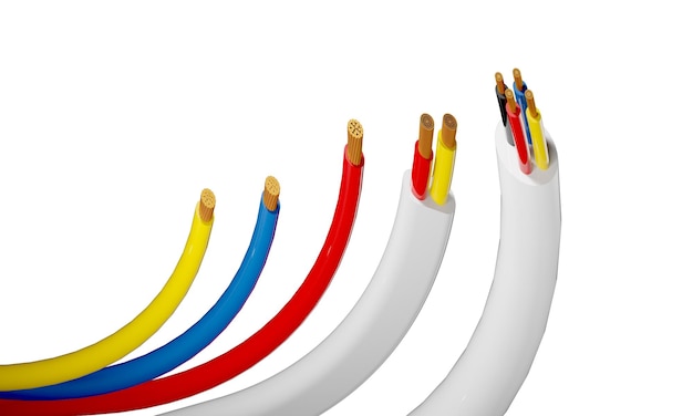 Cabo de alta potência 3d renderiza cabos de eletricidade coloridos realistas vermelhos azuis brancos e amarelos