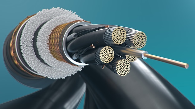 Cabo de fibra óptica em um fundo colorido. Tecnologia de cabos do futuro. Seção transversal detalhada do cabo