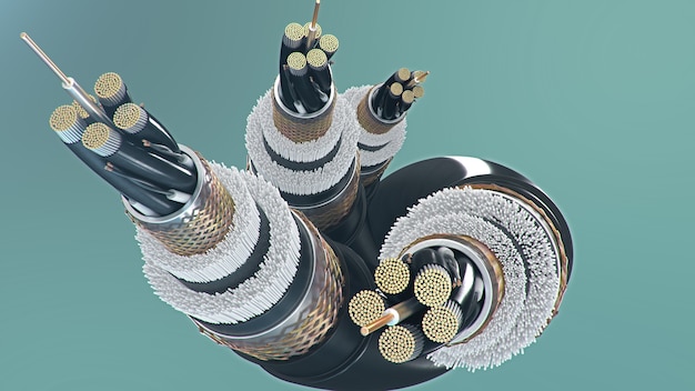 Cabo de fibra óptica em um fundo colorido. tecnologia de cabos do futuro. seção transversal detalhada do cabo