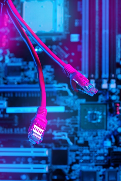 Foto cabo de rede de tecnologia moderna em luz de néon
