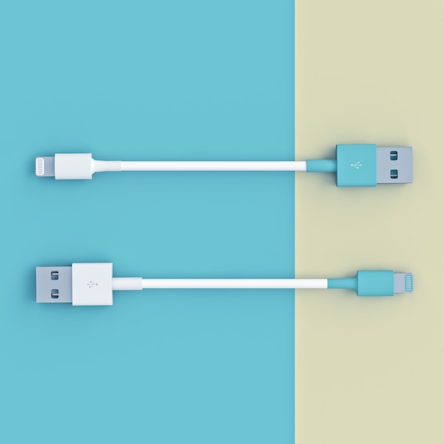 Cabos de conexão usb branco e azul em um estilo de configuração plana