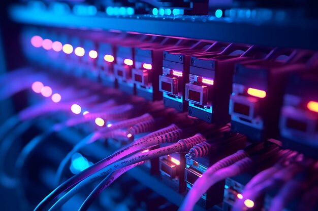 Cabos de fibra óptica conectados a servidores em um data center