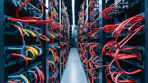 Foto cabos de rede ligados a comutadores de rede