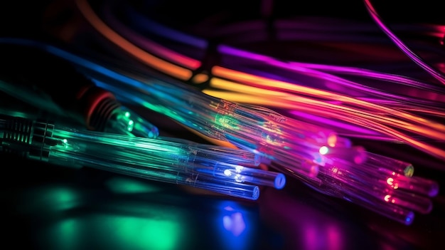 Cabos elétricos coloridos e fundo de cores intensas de fibra óptica led para imagem de tecnologia AI generative