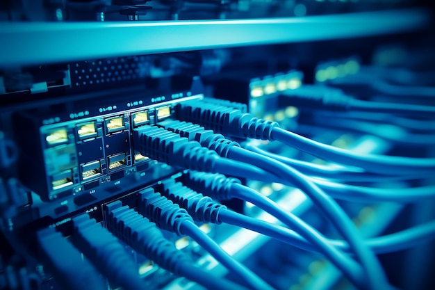 Cabos Ethernet de telecomunicações conectados ao conceito de data center de switch de Internet