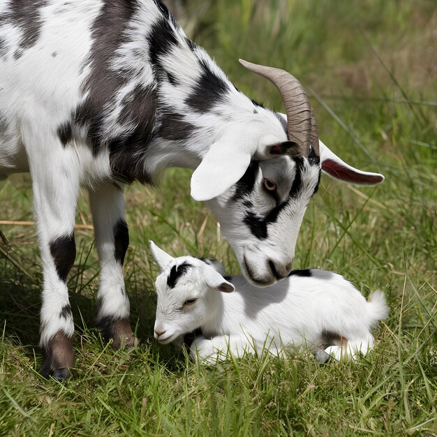 Foto cabra anglo-núbia cuida de seu bebê em uma fazenda para social media post size