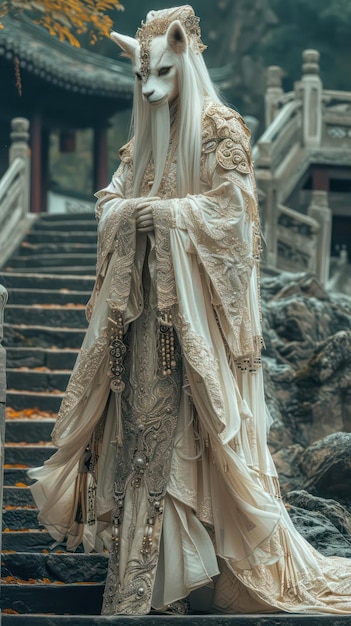 Una cabra con un antiguo vestido largo blanco hanfu