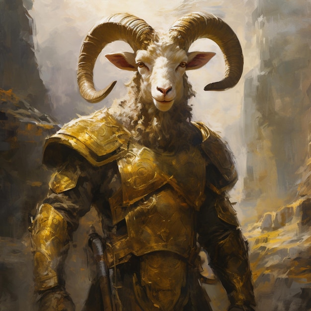 Una cabra con una armadura de oro y un escudo de oro Foto generada por IA