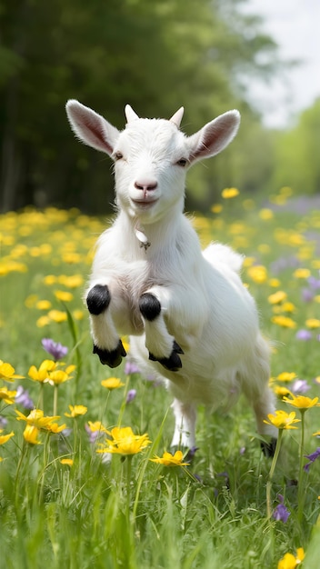 Foto la cabra bebé alegre salta entre las flores en un campo soleado