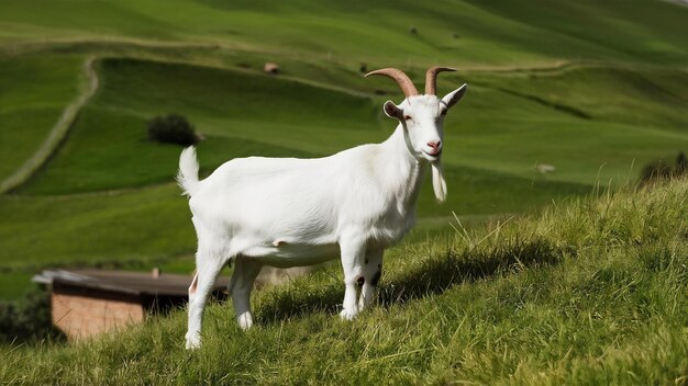 Foto cabra blanca adulta de pie en una colina de hierba verde en el campo de la aldea en un día soleado