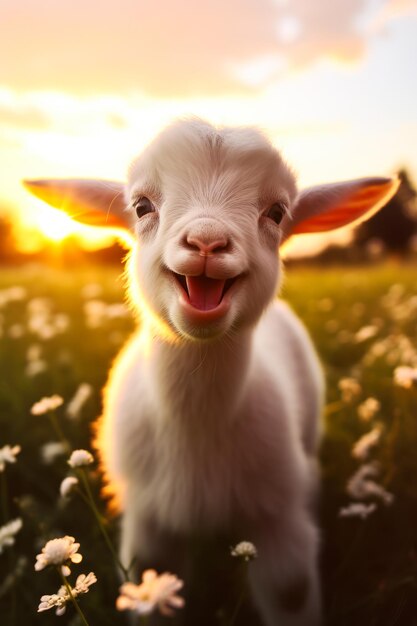 Foto cabra blanca con cara feliz de pie en el campo ia generativa