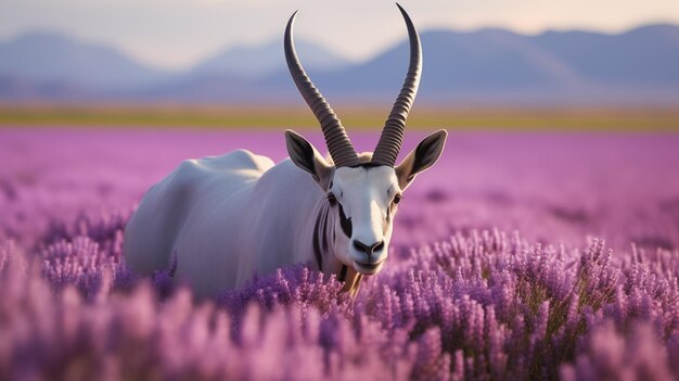 una cabra blanca con cuernos en un campo de flores púrpuras