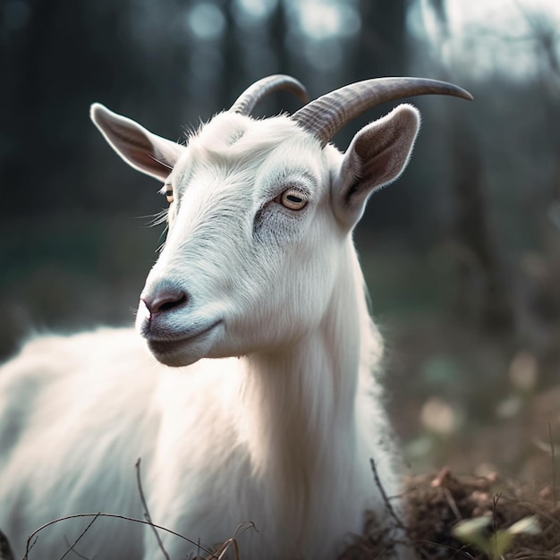 Una cabra blanca con cuernos está tirada en la hierba.