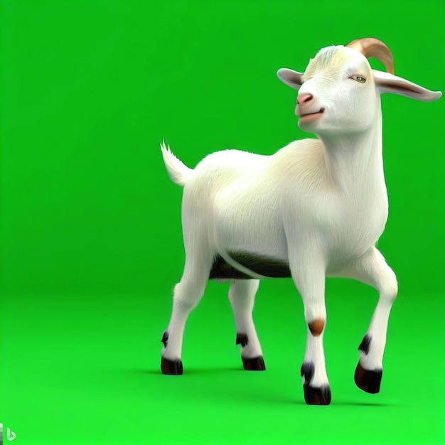 Una cabra blanca de pie frente a un fondo verde.