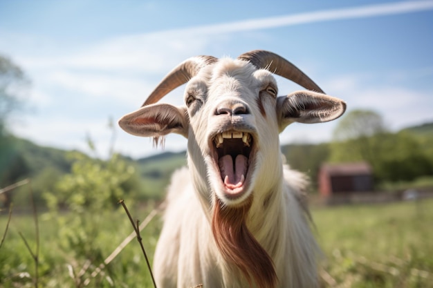 Foto una cabra con la boca abierta en un campo