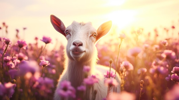 Cabra bonita em um campo com flores na natureza nos raios do sol Proteção ambiental o problema