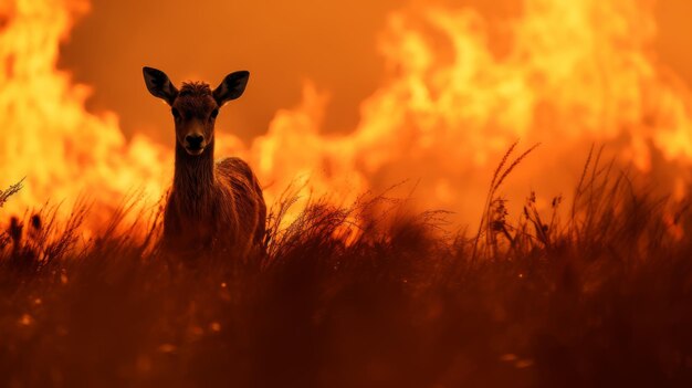 una cabra en un campo de hierba con las llamas detrás de él