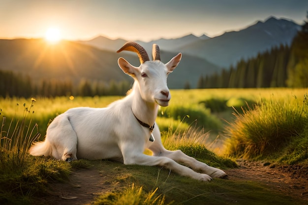 Una cabra en un campo con montañas al fondo.