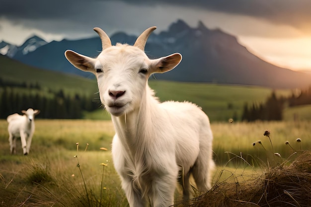 Una cabra en un campo con montañas al fondo.