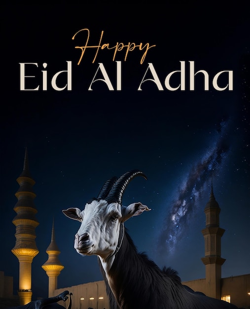 Foto cabra com mesquita ao fundo cartaz de eid ul adha ou espaço de cópia de banner