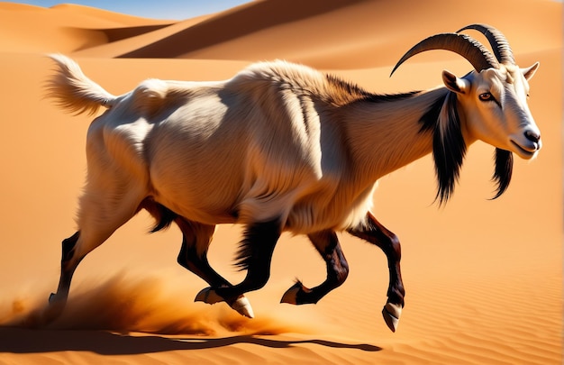 Foto cabra correndo na pista de fundo natureza do deserto vida selvagem e neve
