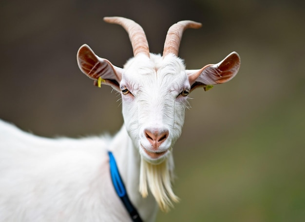 Una cabra con cuello azul y cuello azul está parada en un campo