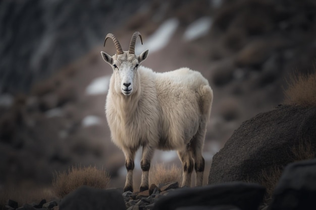 Una cabra con cuernos se encuentra en una ladera rocosa.
