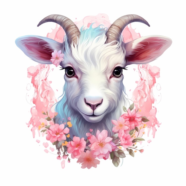 una cabra con cuernos y flores.
