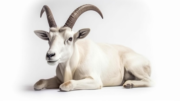 Una cabra con cuernos se sienta sobre un fondo blanco.