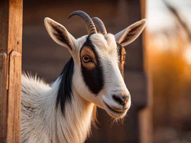 Foto cabra curiosa en un corral de madera mirando a la cámara