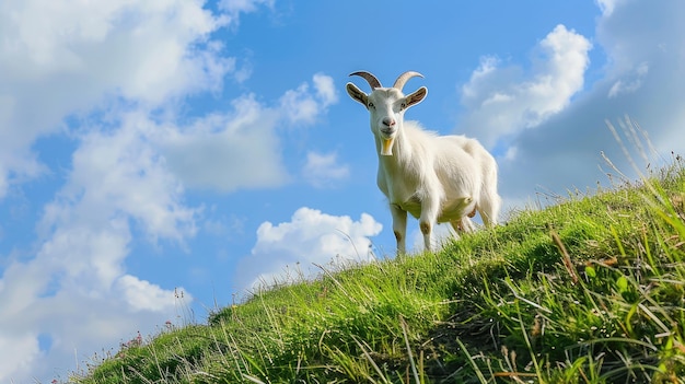 Foto cabra curiosa explorando una ladera cubierta de hierba que muestra la naturaleza juguetona e inquisitiva de los animales de la granja