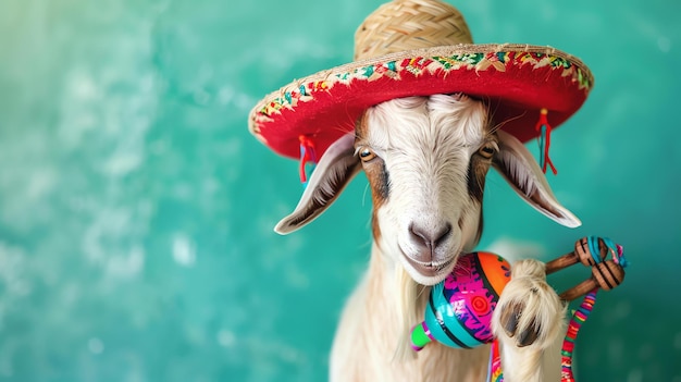 Una cabra divertida con un sombrero y sosteniendo una maraca La cabra está de pie contra un fondo azul y mirando a la cámara