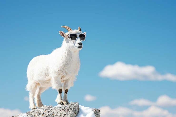 Cabra elegante en una cresta de la montaña con gafas de sol